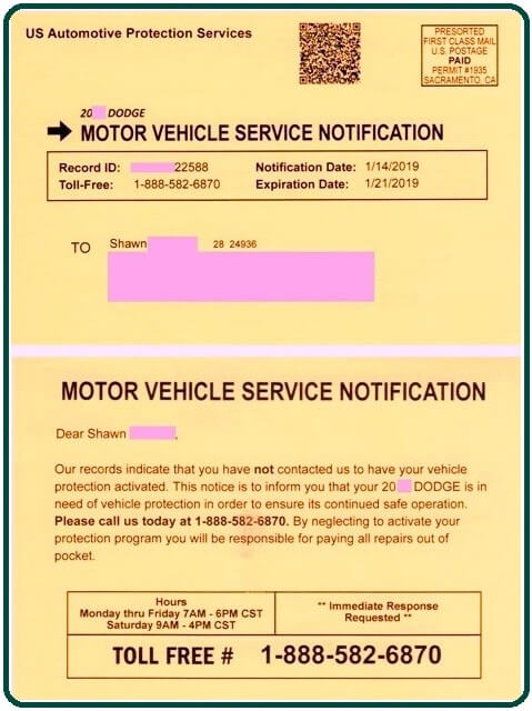 Motor Vehicle Service Notification